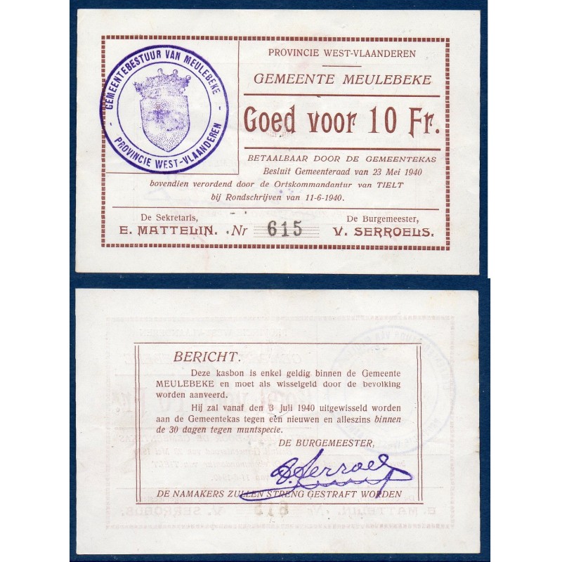 Belgique West-Vlaanderen, bon pour 10 Francs 1940