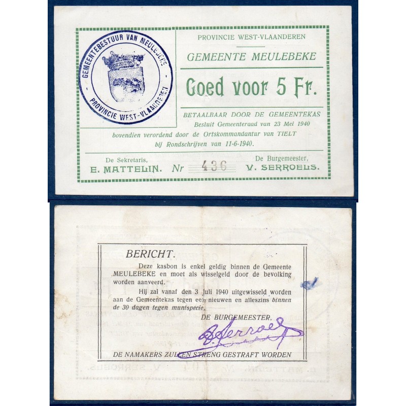 Belgique West-Vlaanderen, bon pour 5 Francs 1940