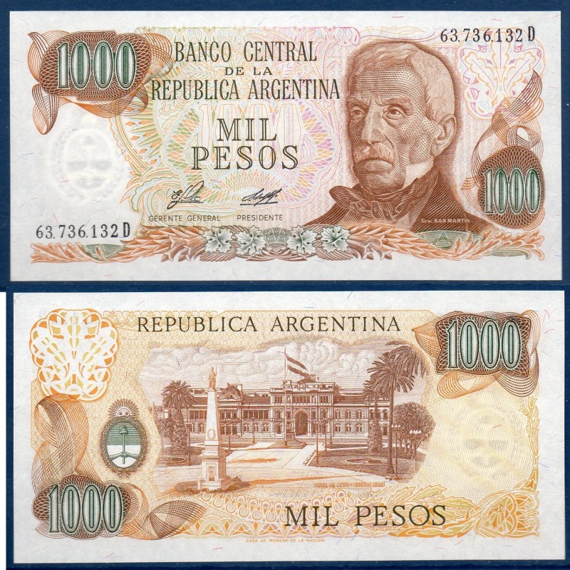 Argentine P.304b, neuf Billet de 1000 Pesos 1976-1983 place de mai