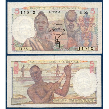 AOF P.36a, TTB Billet de 5 Francs 17.8.1943 pirogue