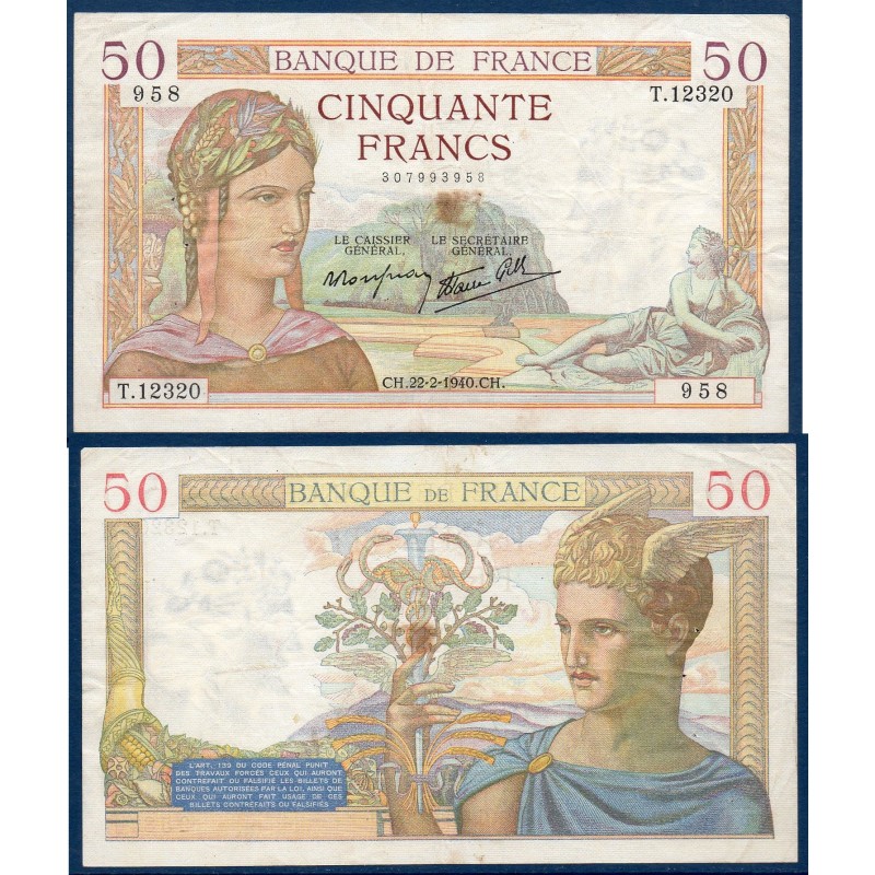 50 Francs Cérès TTB 22.2.1940 Billet de la banque de France