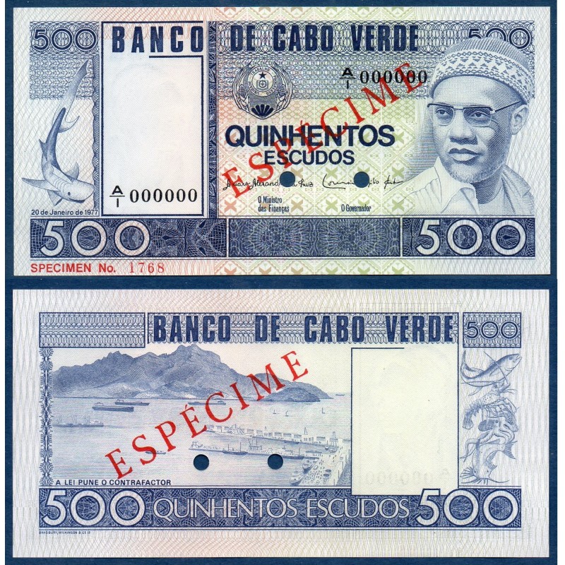 Cap vert P.55s, Neuf, Billet de 500 escudos 1977 specimen Mindelo