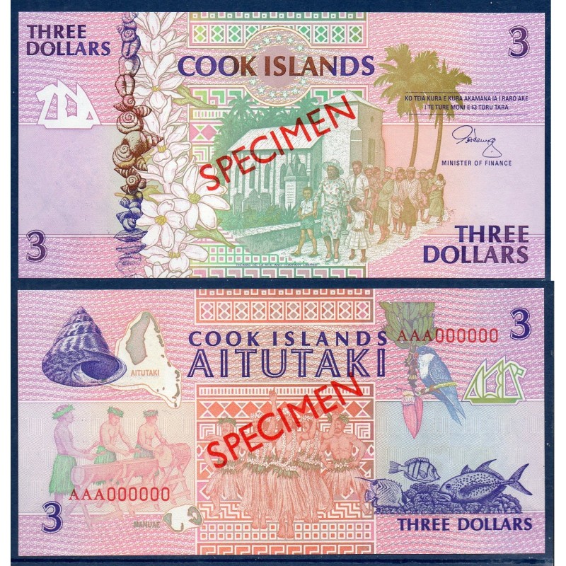 iles Cook P.7s, Billet de 3 dollars 1992 specimen