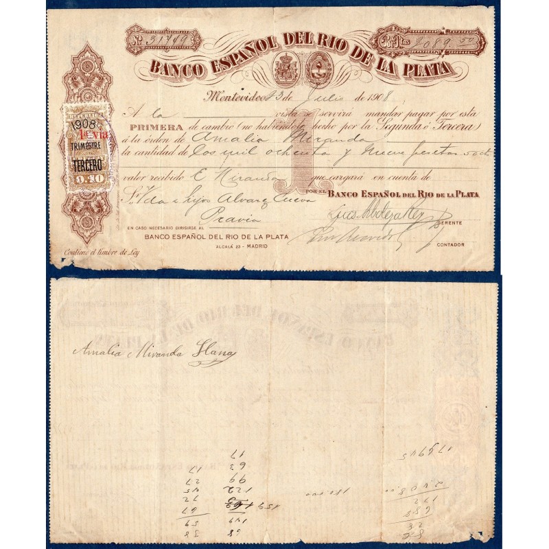 Espagne cheque banco Espanol del rio de la plata 250 pesetas 1908