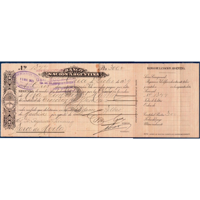 Espagne cheque banco de la nacion argentina 300 pesetas 1929