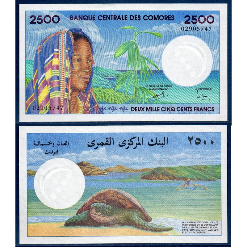 Comores P.13, Neuf, Billet de 2500 Francs 1997 Tortue