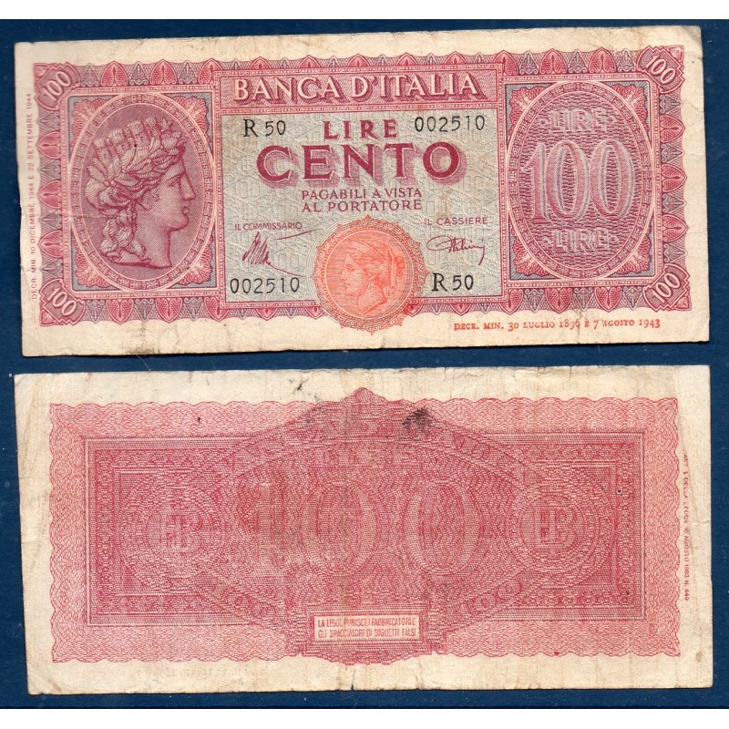 Italie P.75a, B Billet de 100 Lire 1944 Italia