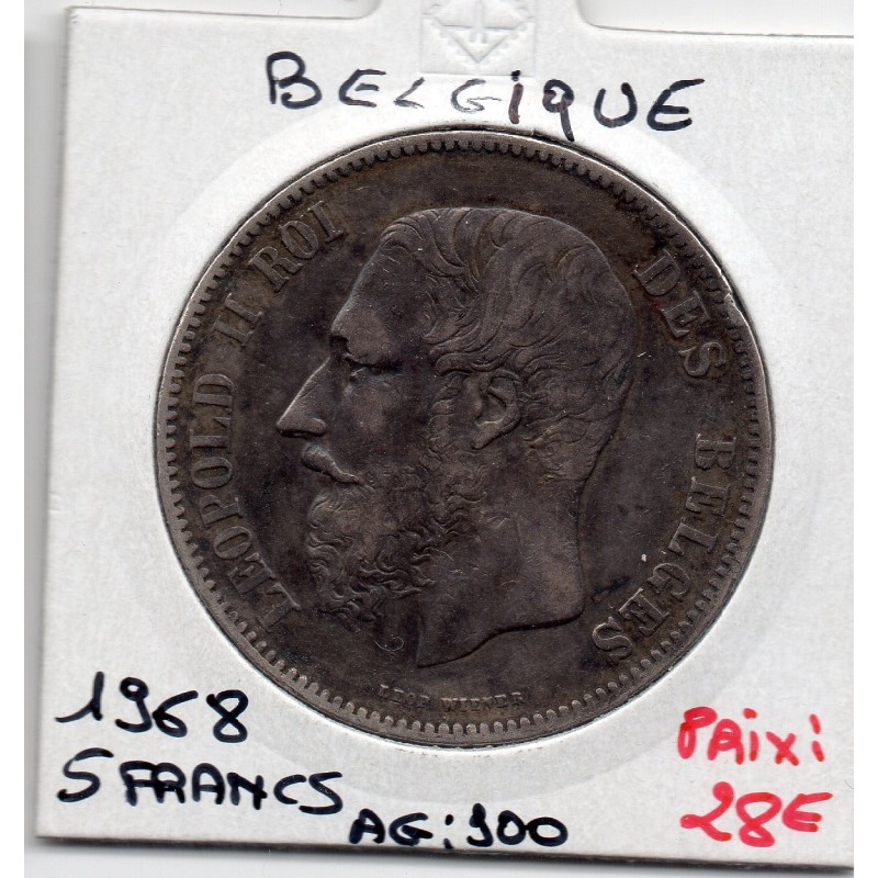 Belgique 5 Francs 1868 TTB+, KM 24 pièce de monnaie