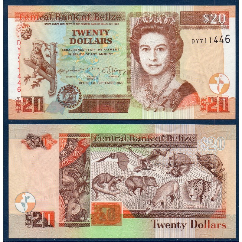 Belize P.69g, neuf Billet de 20 dollars 2020 animaux