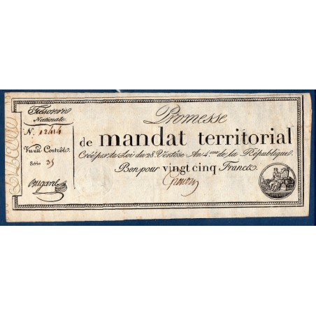 25 francs avec série Promesse de mandat territorial 28 ventose an 4 TTB signature Penou