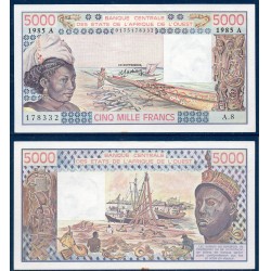 BCEAO P.108An Cote d'Ivoire, Sup+, Billet de 5000 Francs CFA 1985 pêche