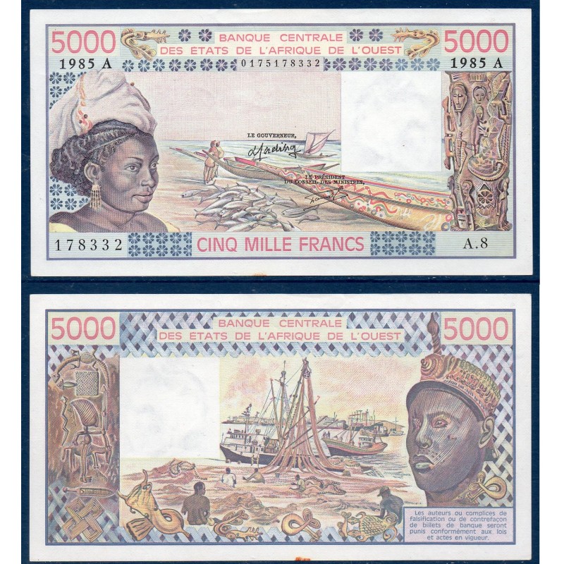 BCEAO P.108An Cote d'Ivoire, Sup+, Billet de 5000 Francs CFA 1985 pêche