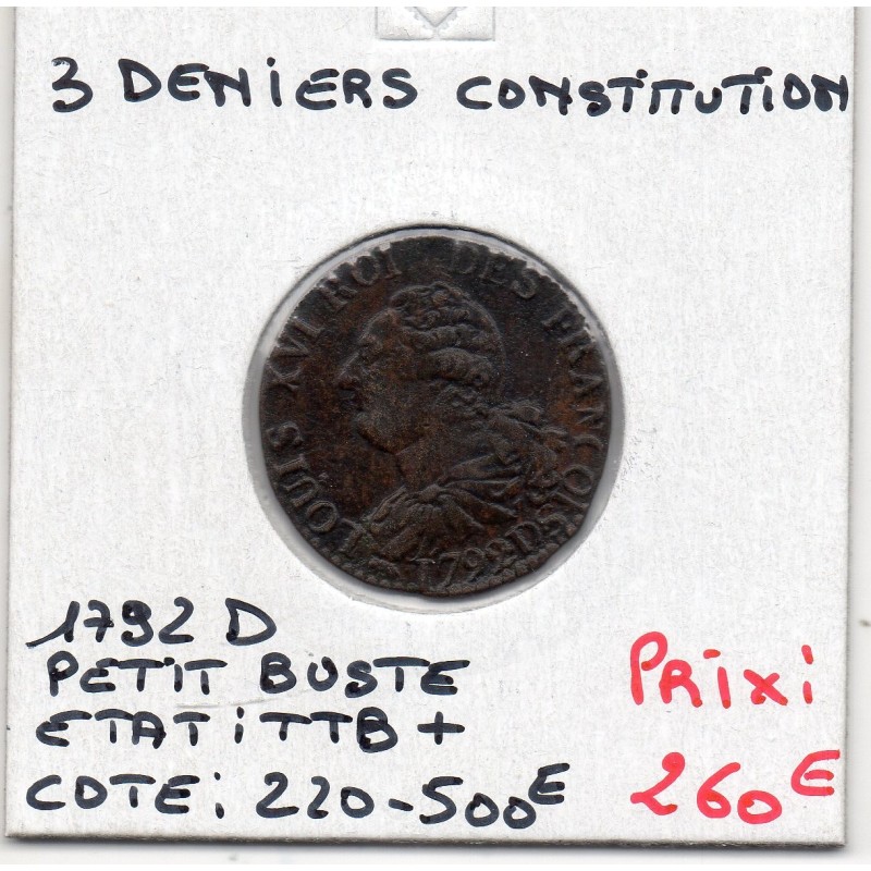 3 denier Constitution Louis XVI 1792 D petit Buste,  Gad 5 France pièce de monnaie