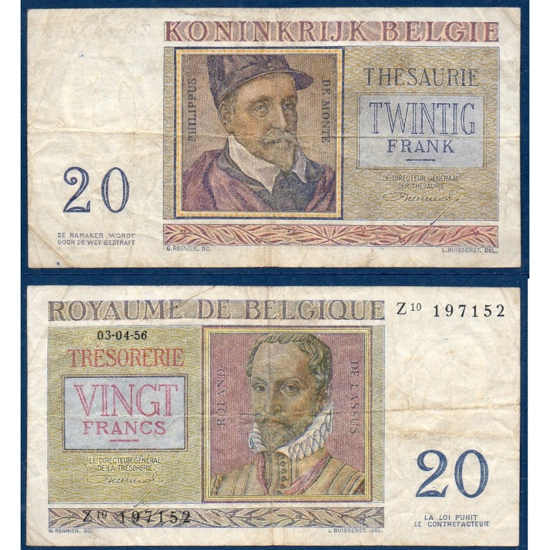 Belgique P.132b, TB Billet de 20 Francs Belge 1956 Lassus