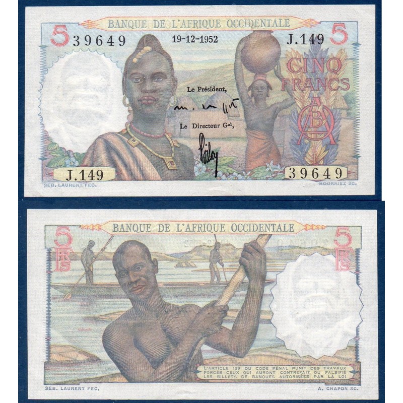 AOF P.36a, Billet de 5 Francs Sup 19.12.1952 pirogue