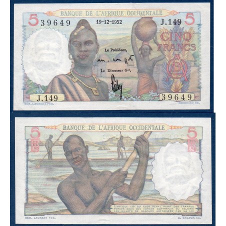 AOF P.36a, Billet de 5 Francs Sup 19.12.1952 pirogue