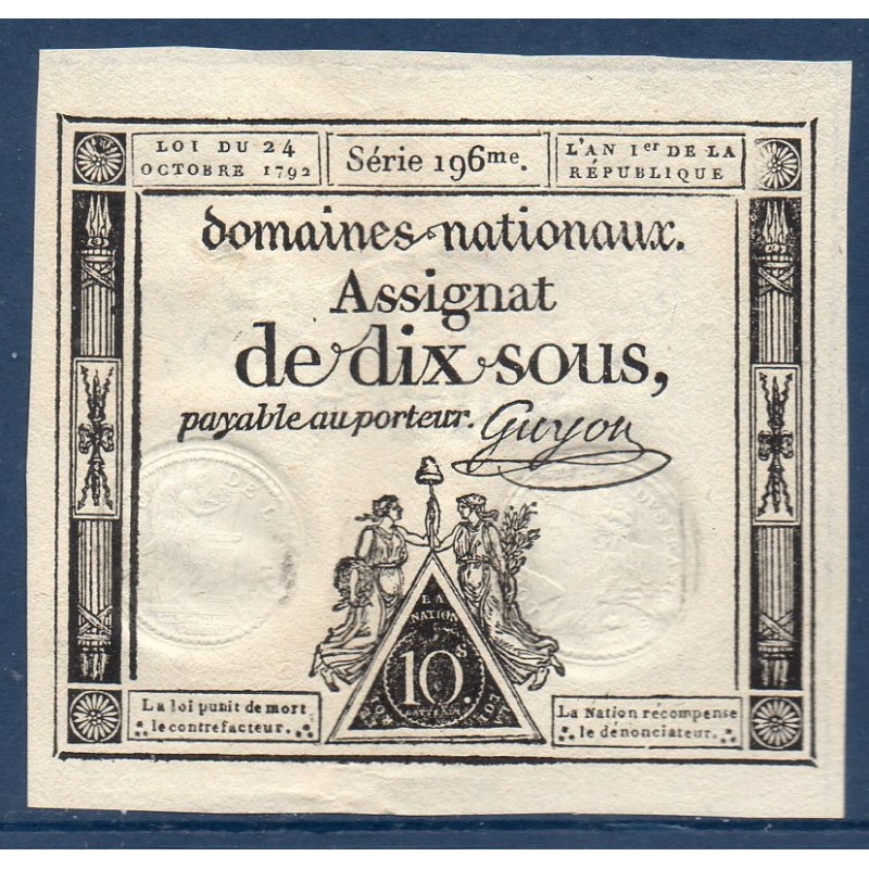 Assignat 10 sols 24.10.1792 Spl signature Guyon mus 25