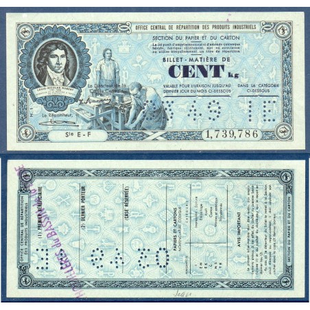 Billet de cent Kilos 100kg de Matière Papier et Carton, mars 1949