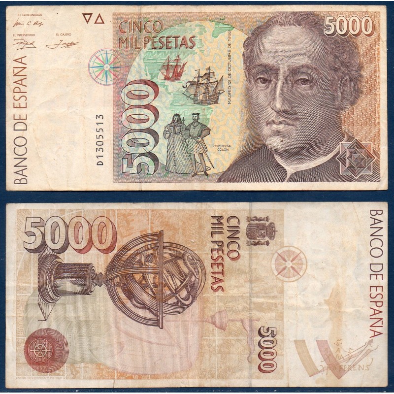 Espagne P.165, TB Billet de 5000 pesetas 1992 Christophe Colomb