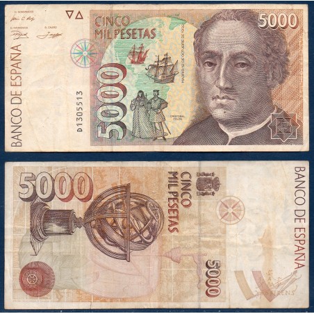 Espagne P.165, TB Billet de 5000 pesetas 1992 Christophe Colomb