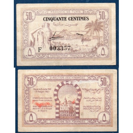 Tunisie P.54, TTB, Billet de 50 centimes 15.7.1943 Régence de Tunis