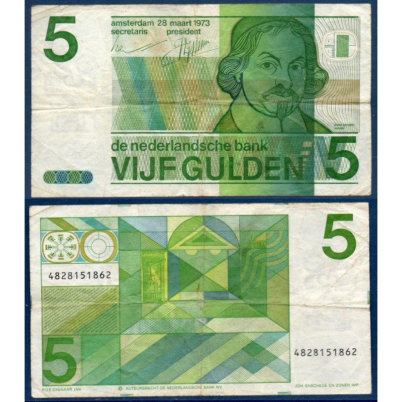 Pays Bas P.95, TB, Billet de 5 Gulden 1973  Den Vondel