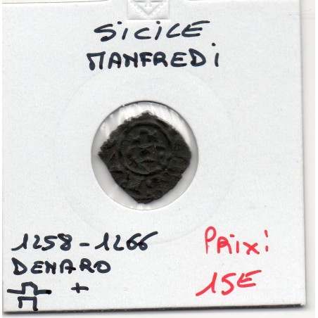 Italie Sicile Manfredonia Manfredi denaro Omega M croix 1258-1266 TTB pièce de monnaie