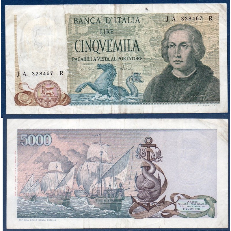 Italie P.102b, TTB Billet de 5000 Lire 1973 Colombo