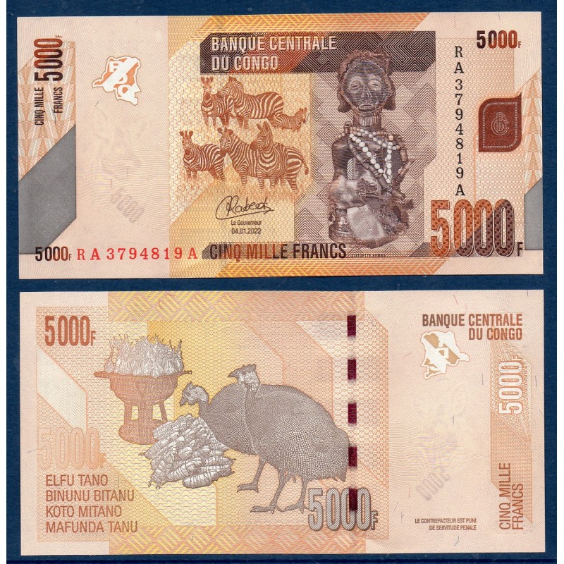 Congo P.102d, Neuf, Billet de 5000 Francs 2022 Zèbres