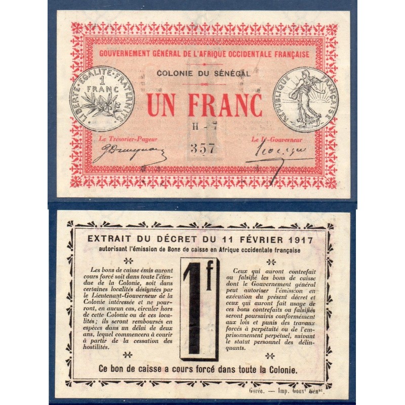 Senegal AOF P.2b, Sup Billet de 1 Franc 11.2.1917 semeuse