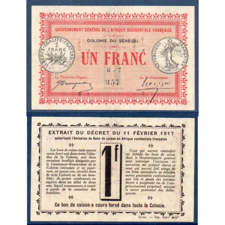 Senegal AOF P.2b, Sup Billet de 1 Franc 11.2.1917 semeuse