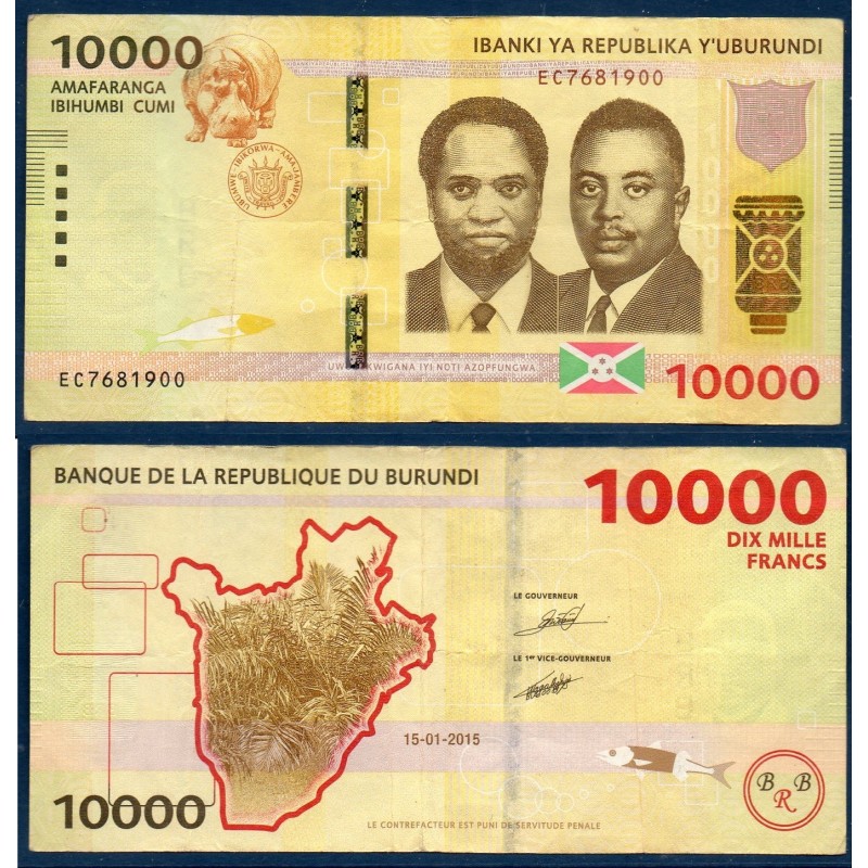 Burundi P.54a, TTB, Billet de 10000 Francs 2015 Hippopotame