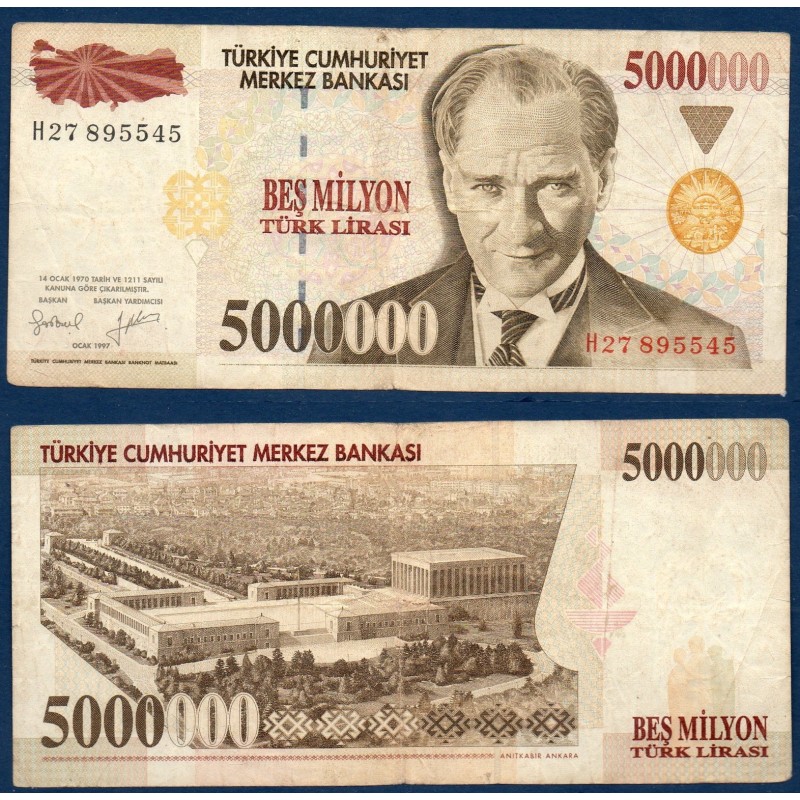 Turquie P.210a, TB Billet de 5000000 Lira 1997 mausolée