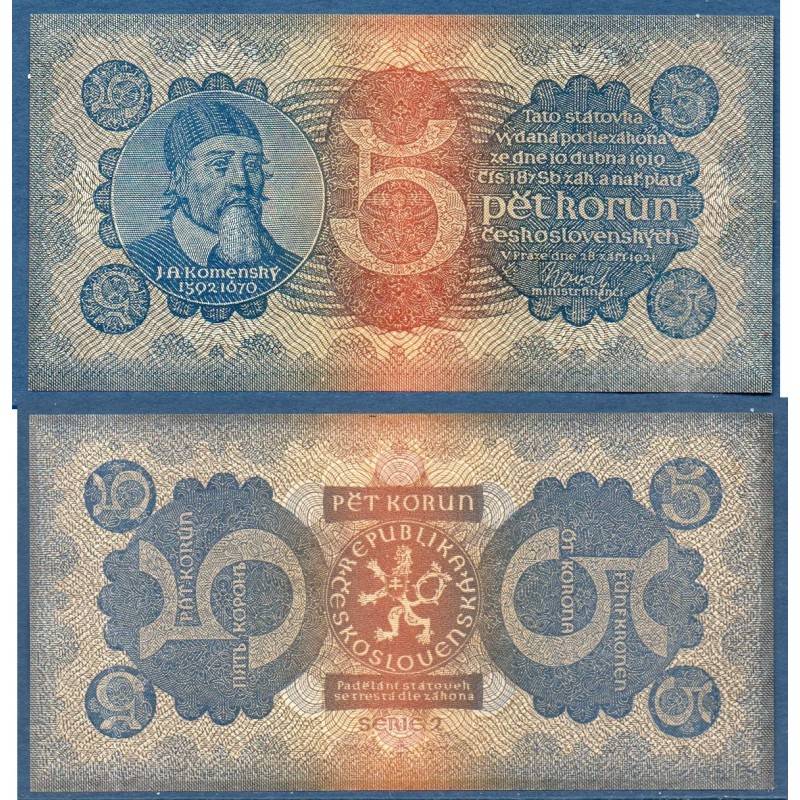 Tchécoslovaquie P.15, Spl, Billet de 5 Korun 1921 Comenius