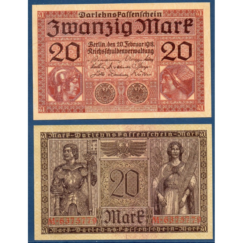 Allemagne P.57, Spl Billet de 20 Mark 1918 Minerve