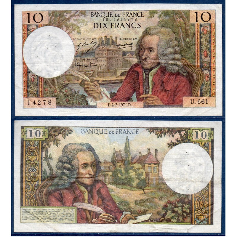 10 Francs Voltaire TTB- 4.2.1971 Billet de la banque de France