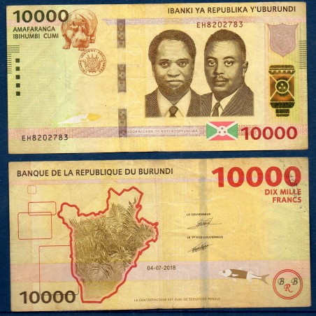 Burundi P.54b, TTB, Billet de 10000 Francs 2018 Hippopotame