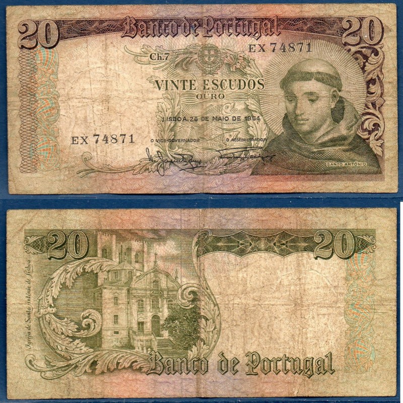 Portugal P.167a, B+, Billet de 20 Escudos 1967 Saint Antoine