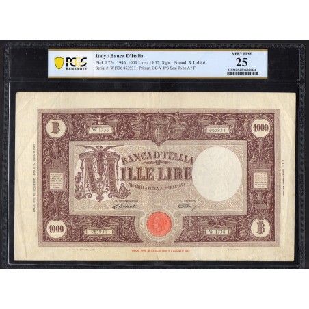 Italie P.72c, TB+ PCGS VF25 Billet de 1000 Lire 1947