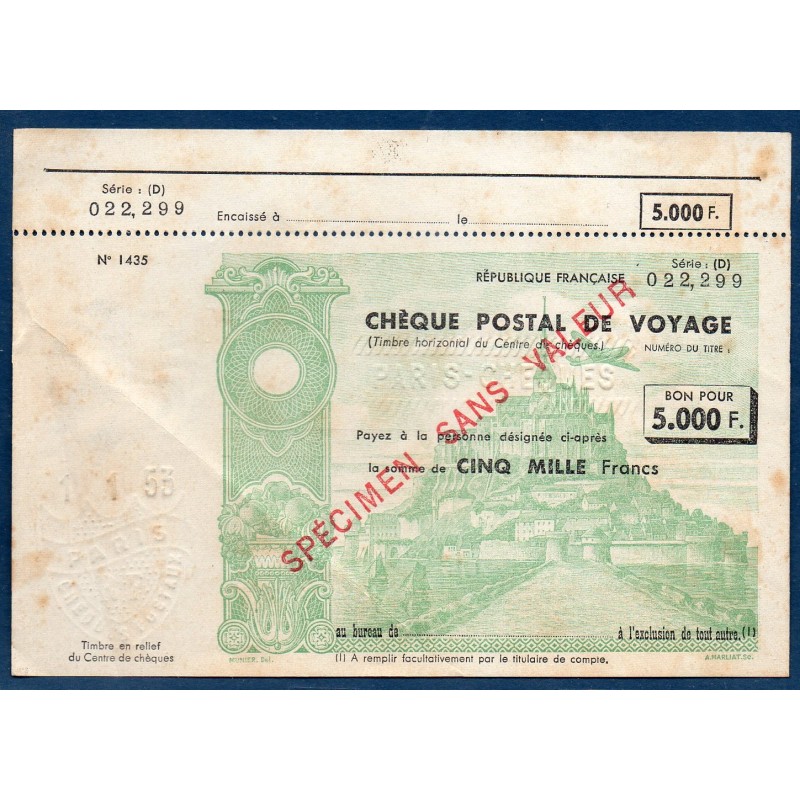 chèque postal de voyage, TB 5000 francs spécimen 1953