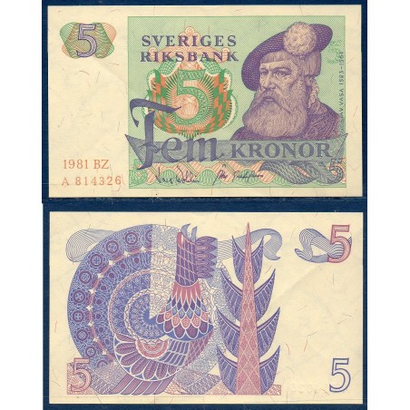 Suède P.51d, Sup, Billet de 5 Kronor 1977-1981 Gustave Ier