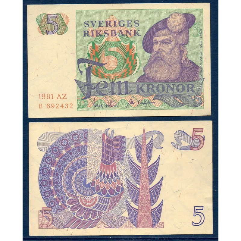 Suède P.51d, Spl, Billet de 5 Kronor 1977-1981 Gustave Ier