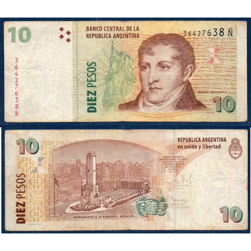 Argentine Pick N°354a, TB Billet de banque de10 Pesos 2002-2013