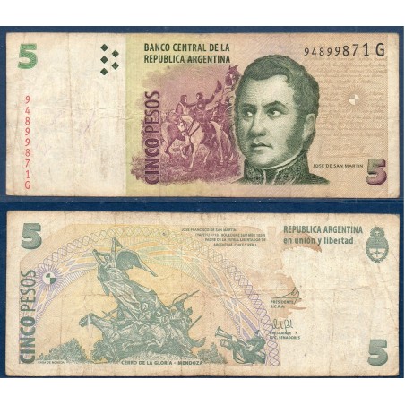 Argentine P.353a, TB Billet de 5 Pesos 2003 José San Martín