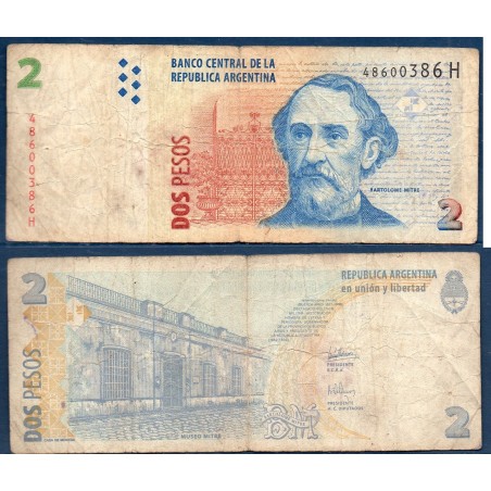 Argentine P.352, TB Billet de 2 Pesos 2002 Bartolomé Mitre