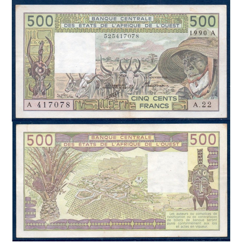 BCEAO P.106An Cote d'Ivoire, TTB Billet de 500 Francs CFA 1990 zébus