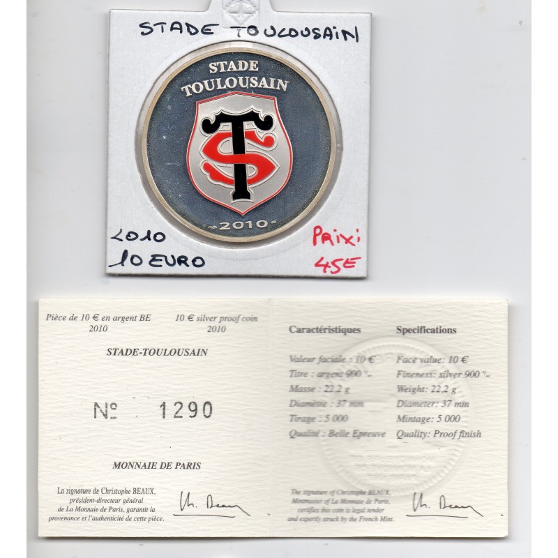 10 euros argent BE 2010 Rugby Stade Toulousain pièces de monnaies de Paris