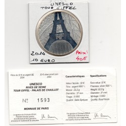 10 euros argent BE 2014, Unesco Tour Eiffel Pièces de monnaies de Paris