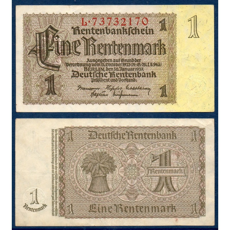 Allemagne P.173b, TTB Billet de 1 Rentenmark 1937 8 chiffres