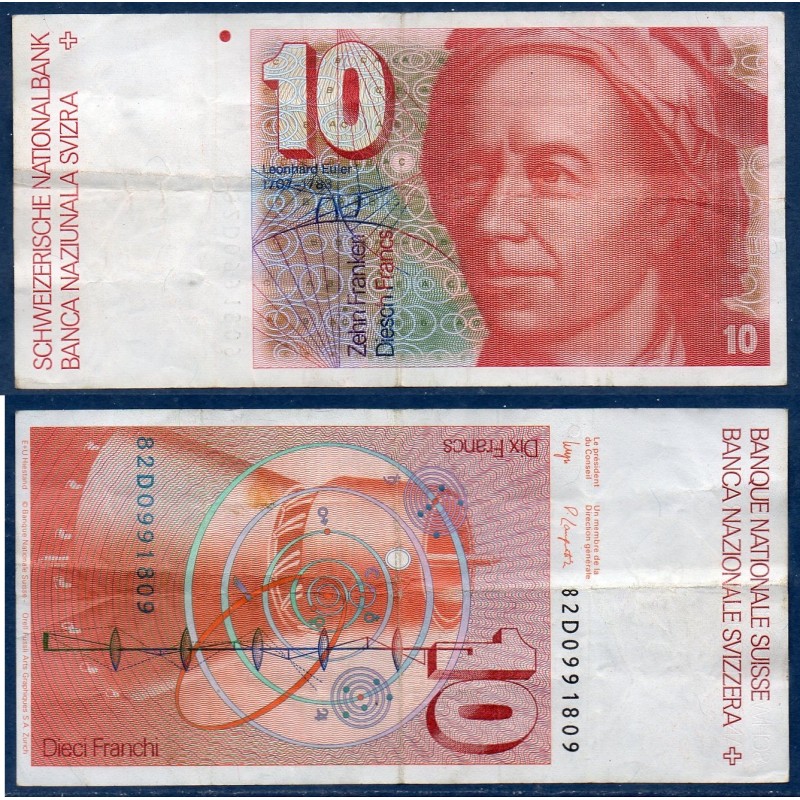 Suisse P.53d, TB, Billet de 10 Francs 1982 Leonhard Euler